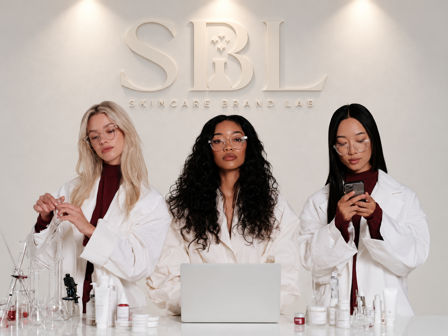 Skincare Brand Lab founders at the product-development counter
