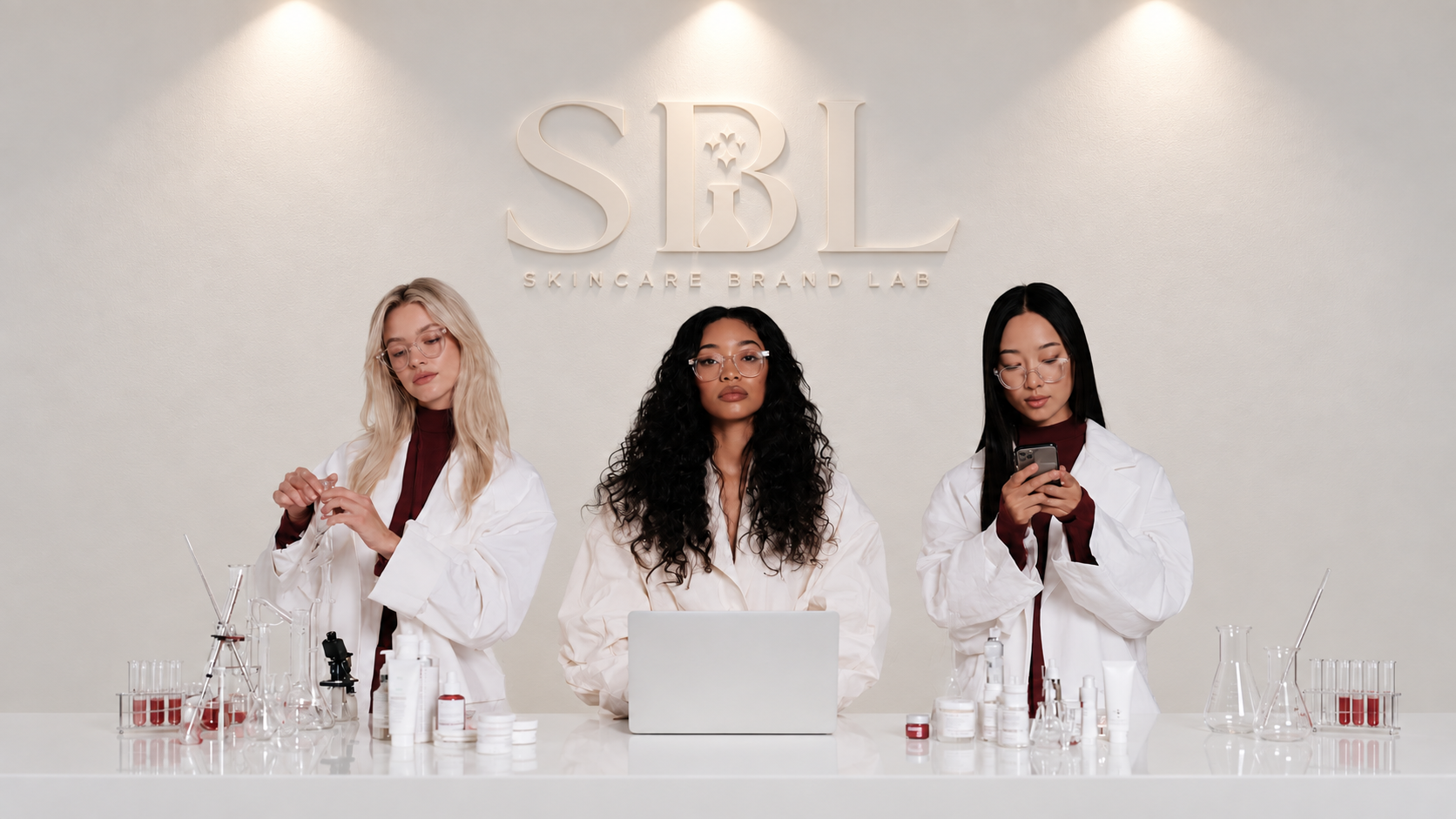 Three Skincare Brand Lab founders in white lab coats at a product-development counter beneath the SBL logo