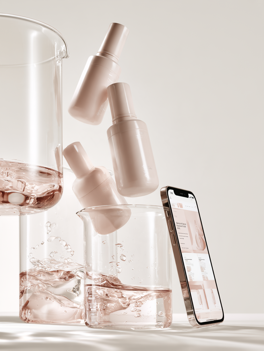 Skincare bottles styled beside a phone showing the brand's online store
